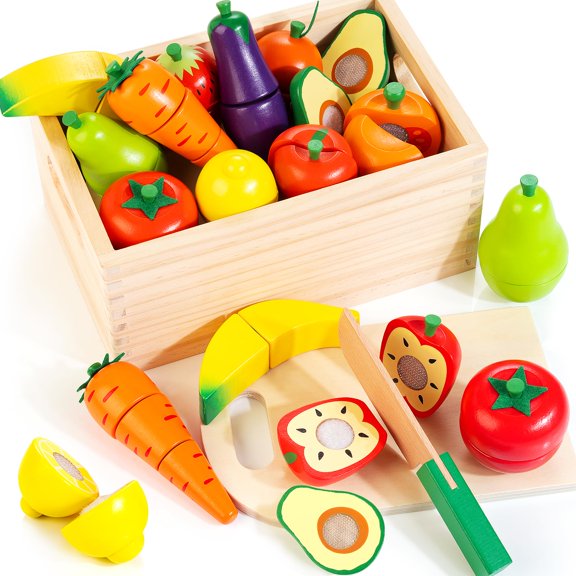 Juego de cortar alimentos Wooden Play con velcro para frutas y verduras para niños pequeños