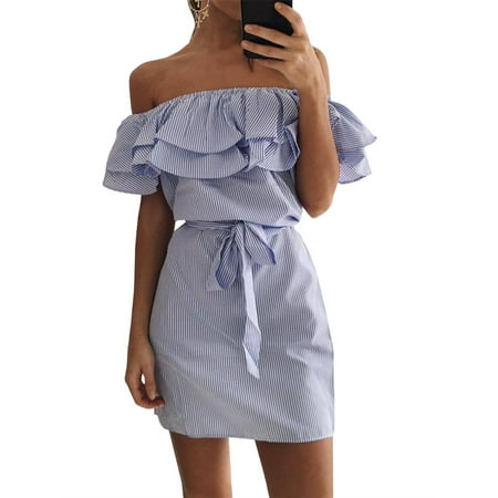- Off Shoulder Women Flared Striped Mini Dress with Belt