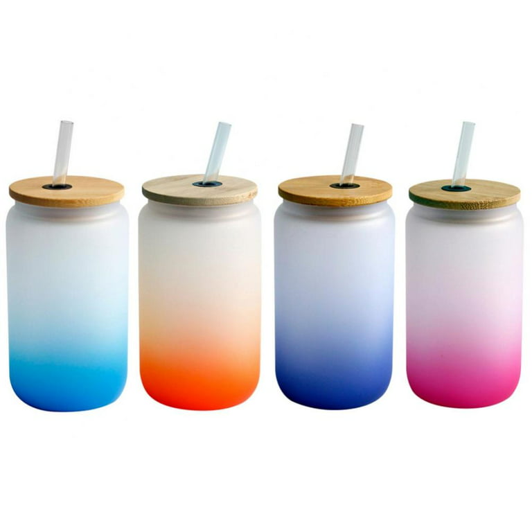 Sublimation Glass Tumbler Frosted White with Colored Silicone Lid and Glass Straw 18 oz 4 Pack 18oz/550ml / Frosted-Light Blue Lid / Glass