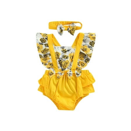 

Calsunbaby Infant Baby Girl Romper Fly Sleeve Square Neck Floral Print Toddlers High Waist Bodysuit + Head Band