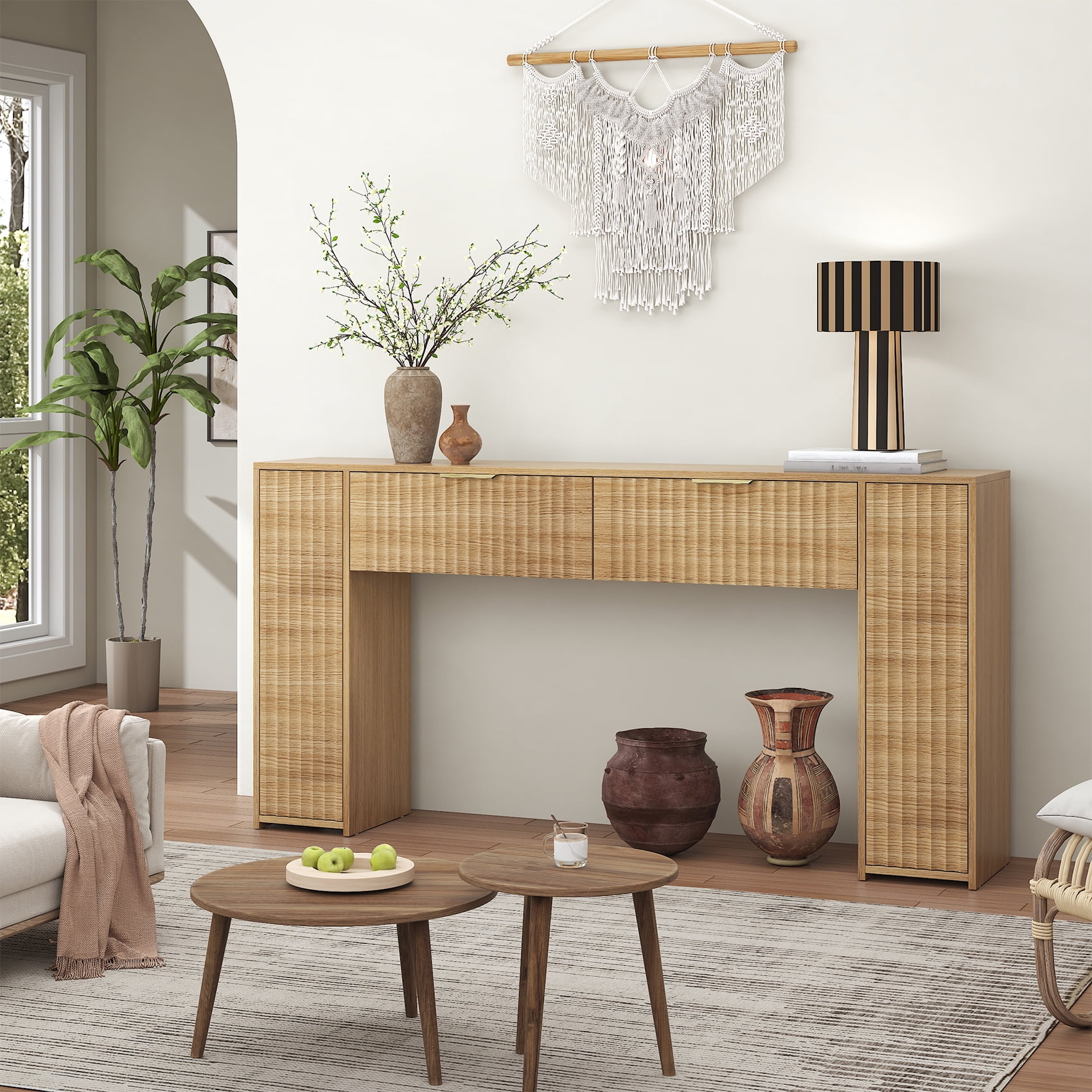 Winkalon 63" Fluted Entryway Console Table, Farmhouse Long Narrow Wooden Sofa Table Behind the Couch for Living Room, Hallway, Entrance, Foyer, Oak
