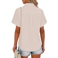thumbnail image 5 of Hfnxid Women Button Down Shirt Linen Rolled Cuffed Short Sleeve Blouse Loose Fit Lightweight Casual Top Summer V Neck Beach Solid Tops Khaki L, 5 of 7