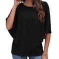 thumbnail image 2 of Camiseta de verano para mujer, cuello redondo, Color puro, transpirable, tipo suelto, camisa de gasa de doble capa, negro XXL, 2 of 5