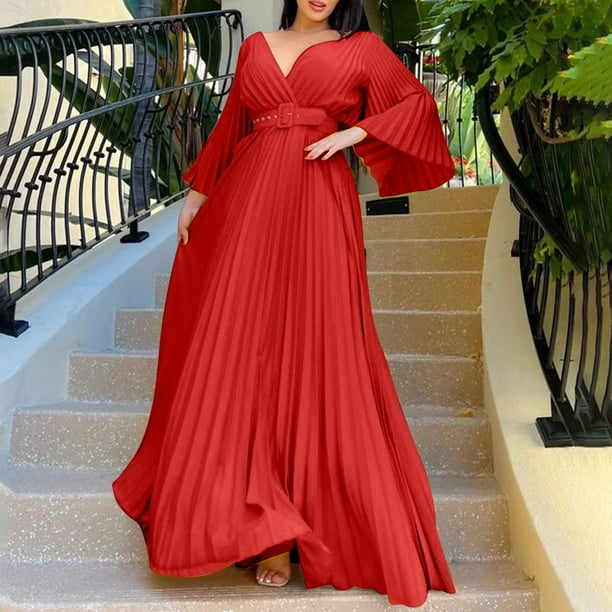 MSJUHEG Wedding Guest Dresses For Women Red Dress Womens Deep V Neck Plus  Size Evening Dress Long Sleeves With Belt Women'S Formal Dresses Red L -  Walmart Business Supplies