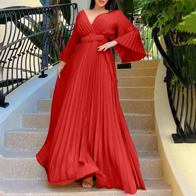 GZWYHT Robes pour Femmes 2025, Robes de Bal Femmes Col en V Profond Grande Taille Robe de Soirée Manches Longues avec Ceinture Robes Grande Taille, Robes Formelles, Robe Rouge, Robe de Collation des Grades 2TG