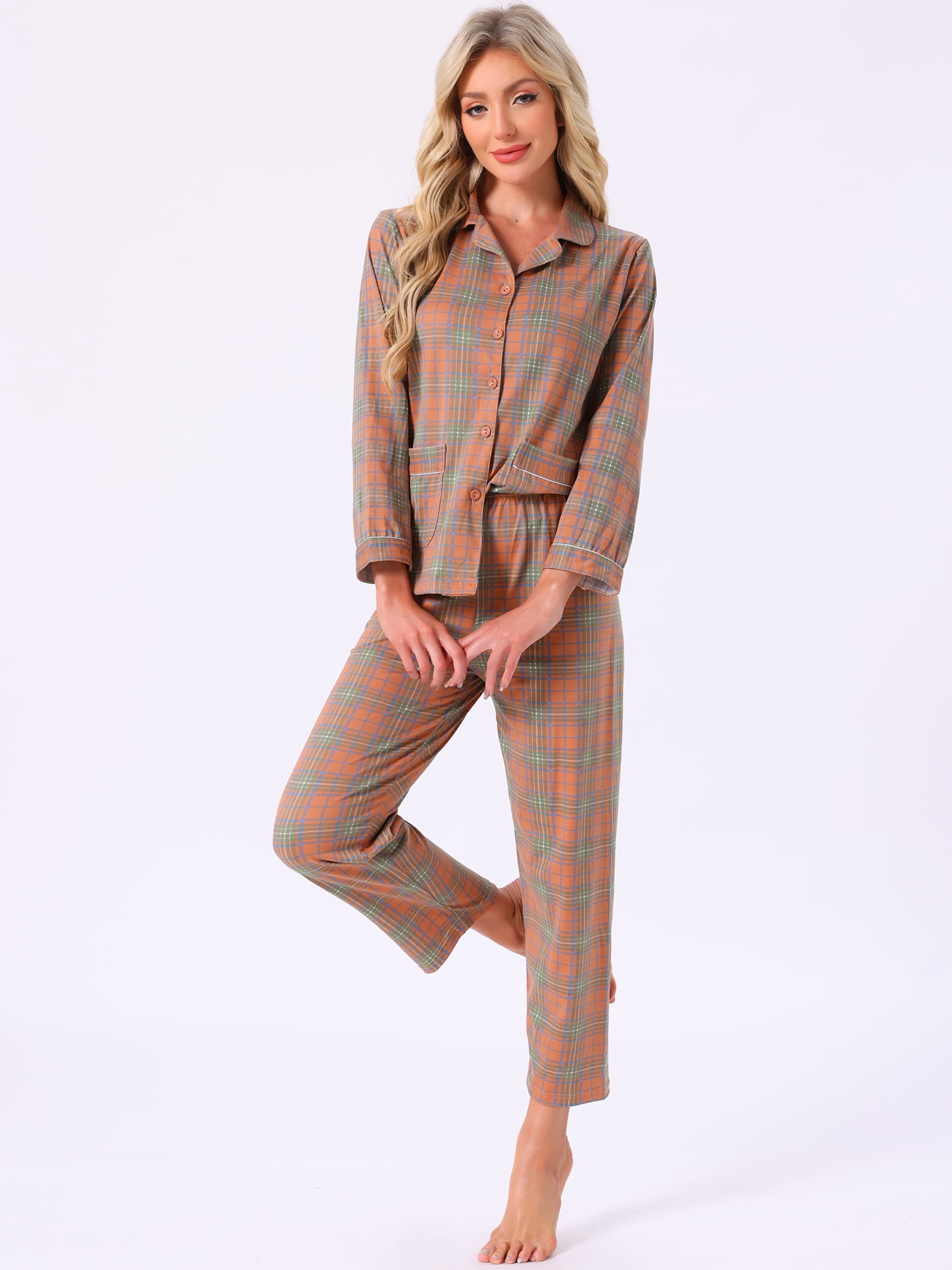 DARING DIVA Women's Plaid Christmas Pajama Sets with Pockets and Pant XS Long Slevee Brown