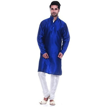 

Royal Kurta Men s Dupion Silk Contrast Piping Kurta Churidar Blue