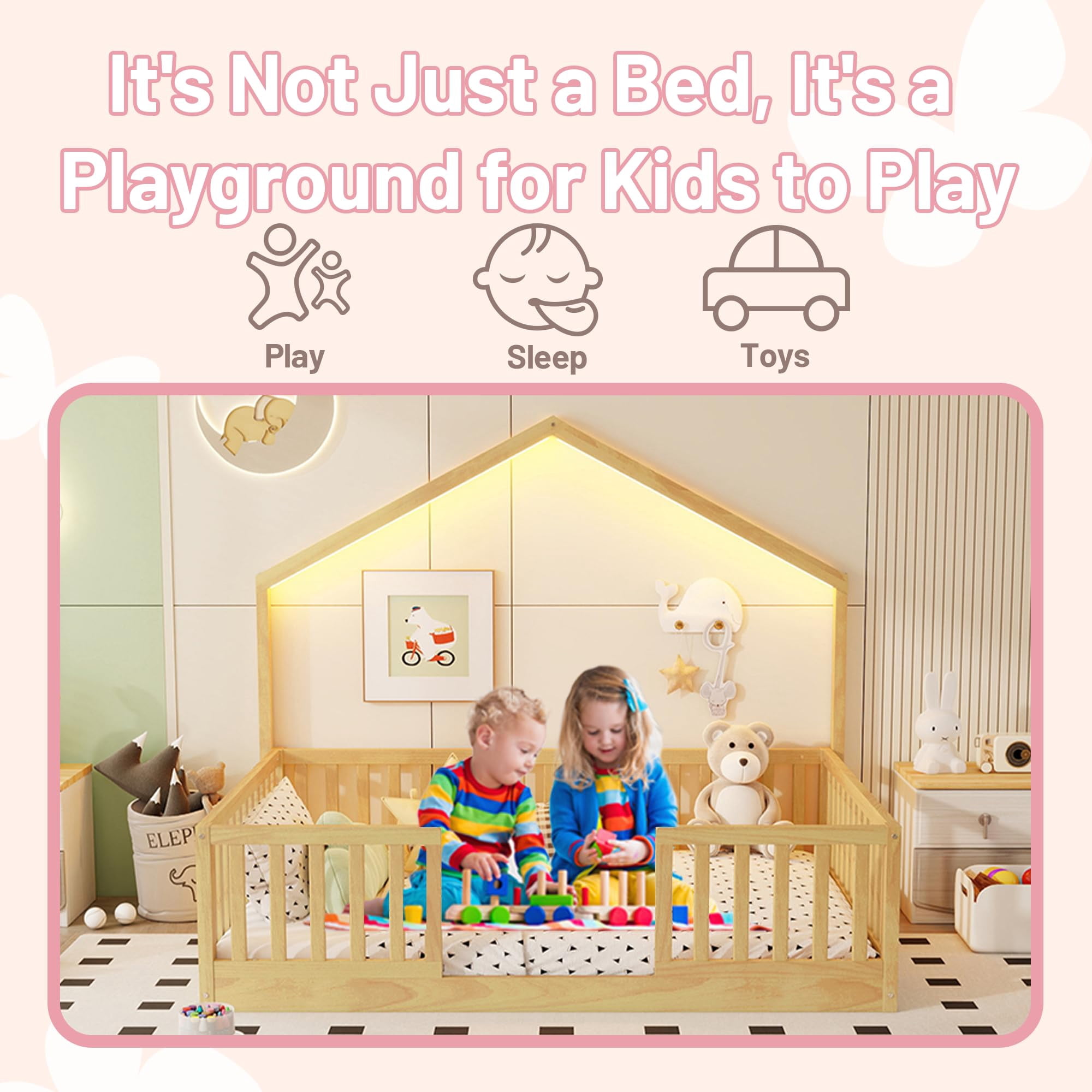 Full Size Montessori Floor Bed with High Rails, Wood House Beds Frame with LED Light, Low Profile Montessori Bed Full with Slats for Kids, Easy to Assembly, Full bed frames Natural