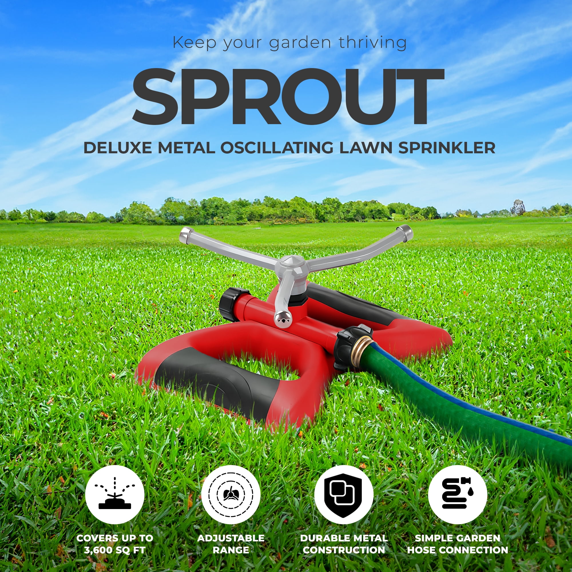 Sprout Deluxe Metal Oscillating Lawn Sprinkler, 3,600 SqFt Coverage, Red