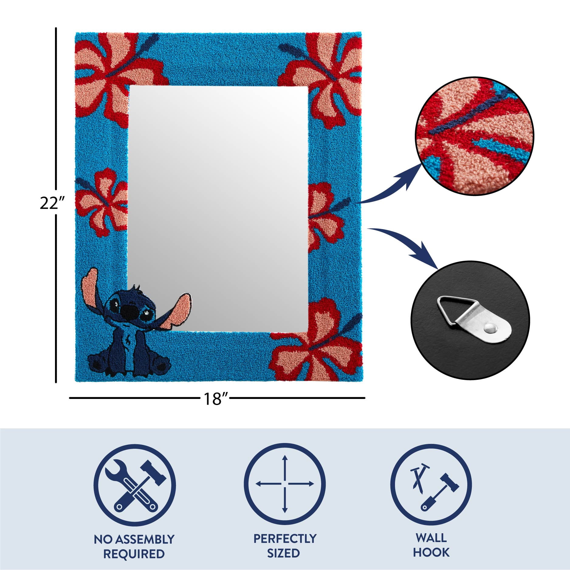 Disney Wall Mirror, Stitch Tufted Design, 18" x 22", for Kids and Teens