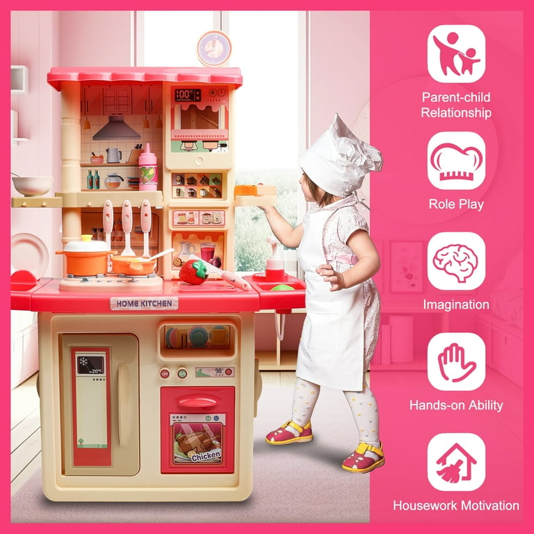 Huge Wave Play Kitchen Set For Kids Realistic Sounds And Lights Play Sink Simulation Of Spray Kitchen Playset For Toddlers Boys And Girls Pink
