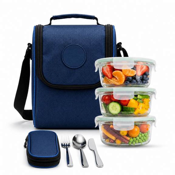 Insulated Lunch Bag with 3 Airtight Leakproof Glass Containers Set