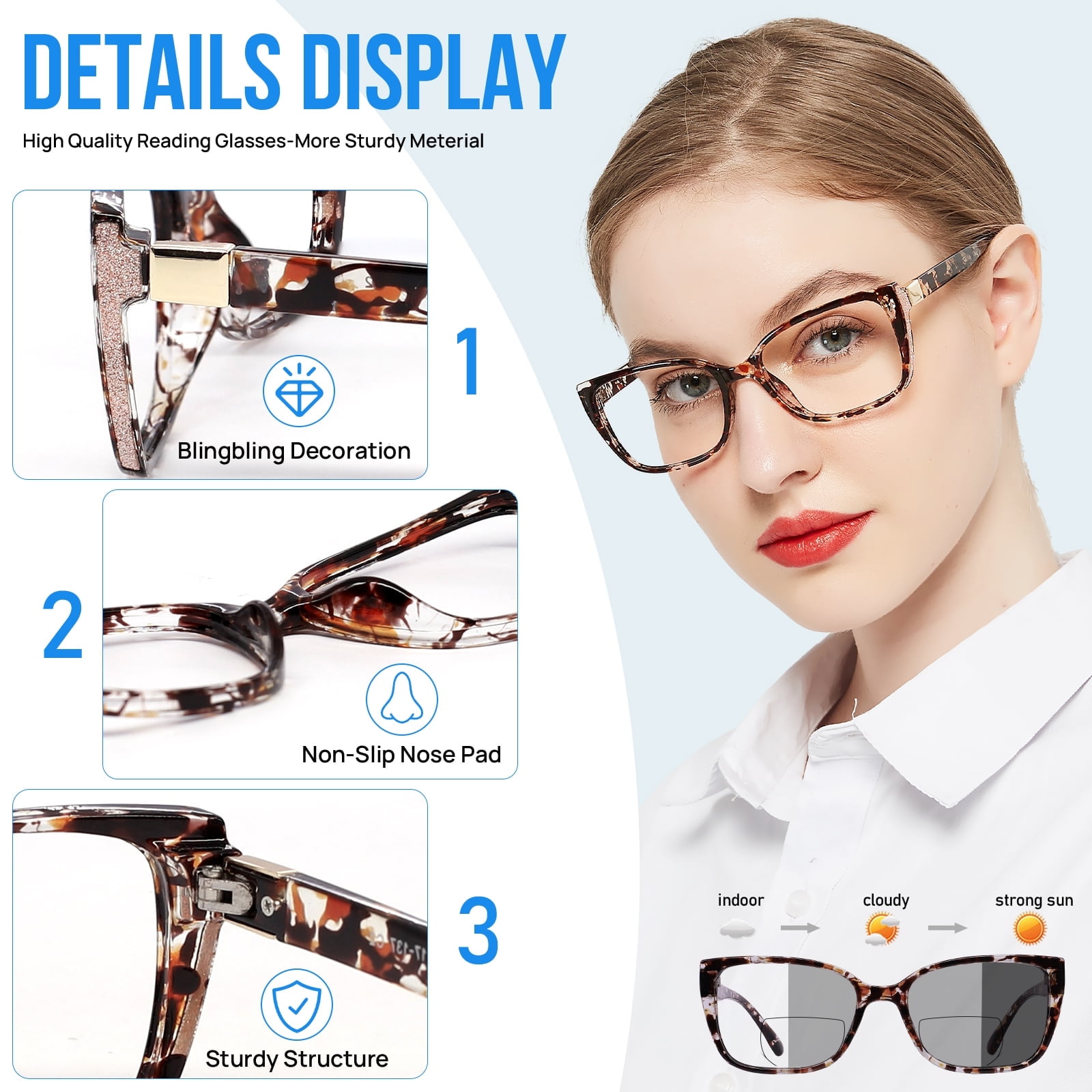 OCCI CHIARI Photochromic Bifocal Reading Glasses for Womens,Large Square Blue Light Blocking & UV400 Protection Sunglasses Readers 100 150 200 250 300 350 400(Brown +2.50)