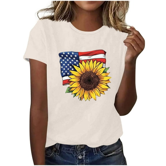 Drses Women's 2025 Independence Day Graphic Tee | Sunflower & American Flag Patriotic Cotton T-Shirt for 4th of July