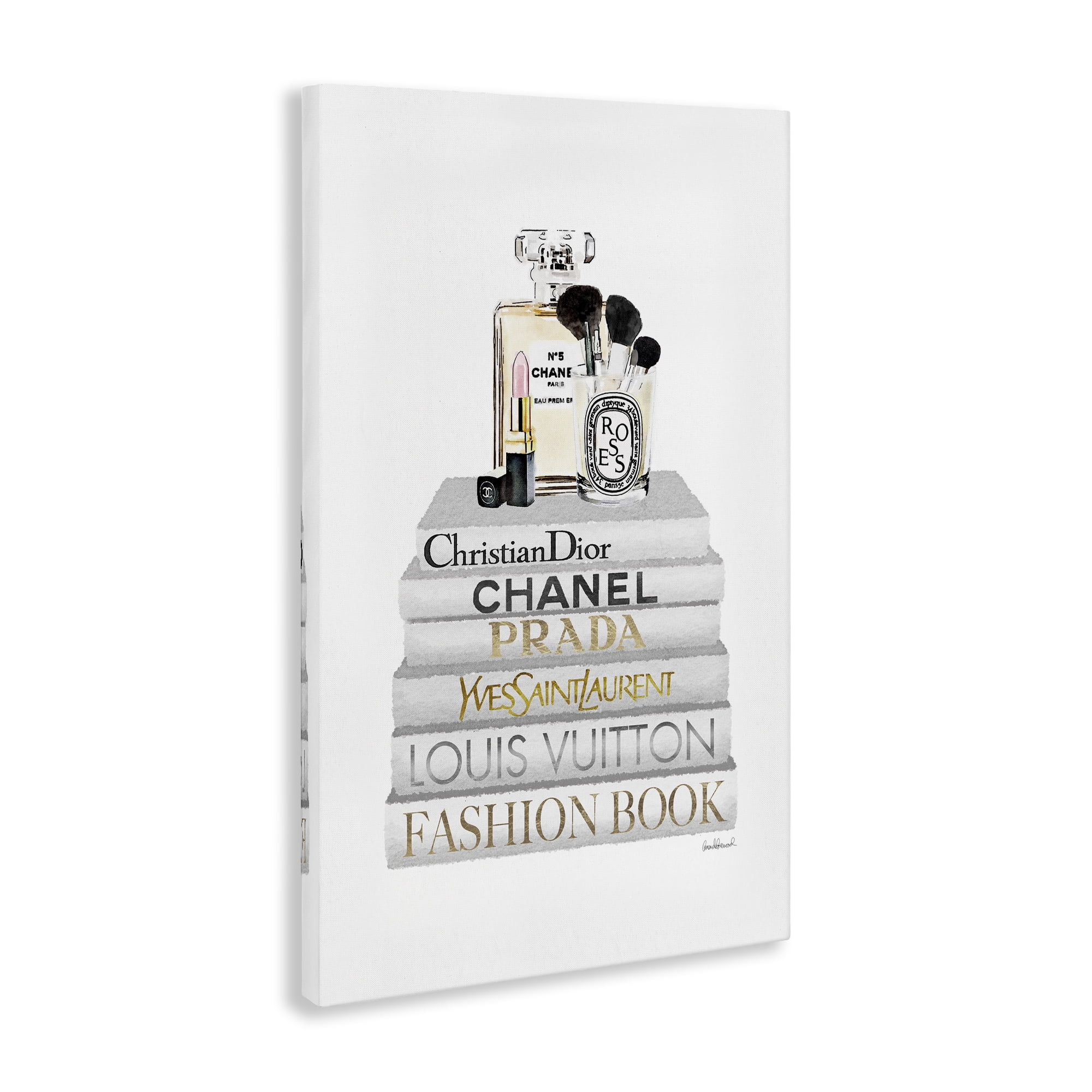 Stupell Industries Neat Bookstack with Makeup Fashion Painting Wrapped Canvas Art Print Wall Art, 16 x 24