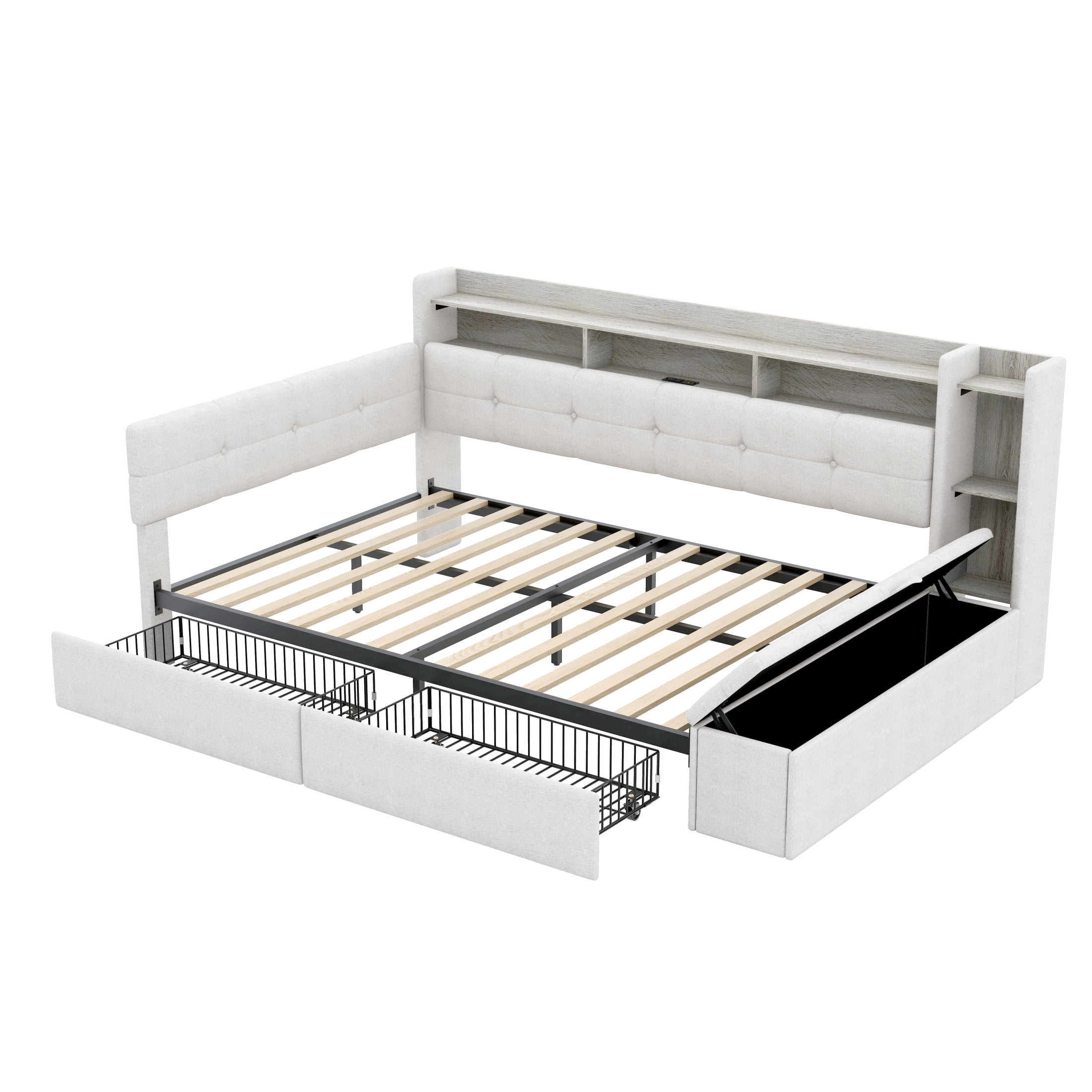 Noble House Brevon Full Size Upholstered Daybed with Extra Drawers, Storage Footstool, USB Port and LED Light, Beige