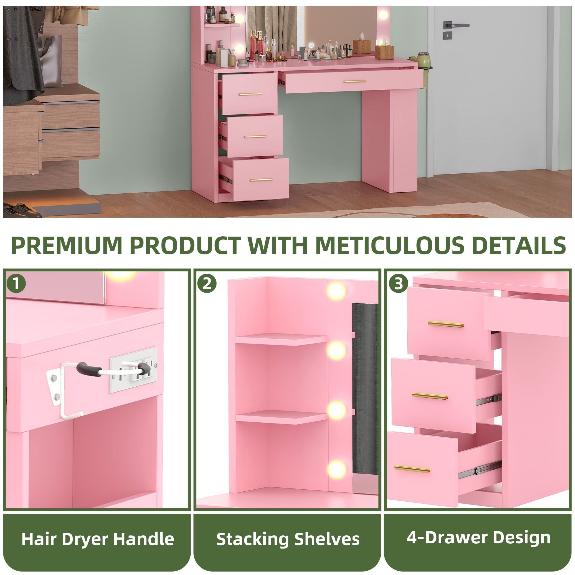 Uforic Makeup Vanity Desk with Mirror & Lights, Vanity Desk with 4 Drawers & Storage Shelves - Pink
