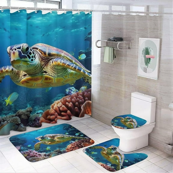 4PCS Gloss Sea Turtle Shower Curtain Set Ocean Fish Picture Modern Bathroom Decor Sets with Rugs Bathroom Accessories Set Bathroom Curtain Shower Set with 12 Hooks