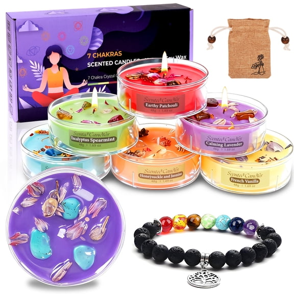 Giphtpoeet Chakra Candles with Stones & Bracelets Scented Meditation Crystal Candles Gift Set for Women Relaxation Spiritual Decor Yoga & Ambiance Refresh