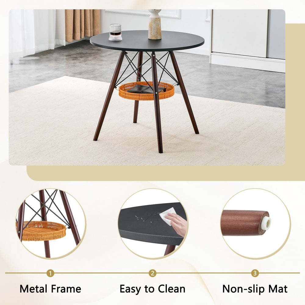 31.5" Round Dining Table, Black MDF Vacuum-Formed Tabletop with Walnut Solid Wood Legs, Woven Storage Basket, Modern Kitchen Table for 2-4