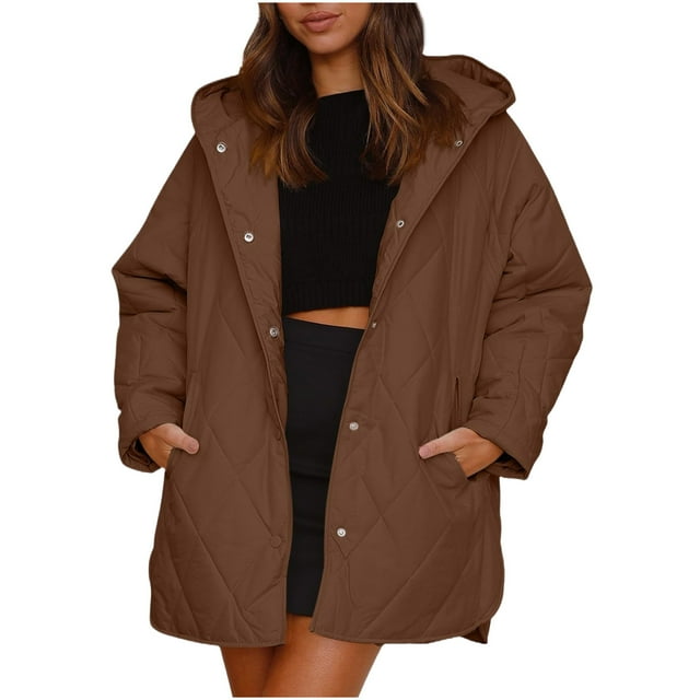 WRKEKC Women's Diamond Quilted Jacket Long Sleeve Solid Color Button Front Winter Warm Puffer Coat