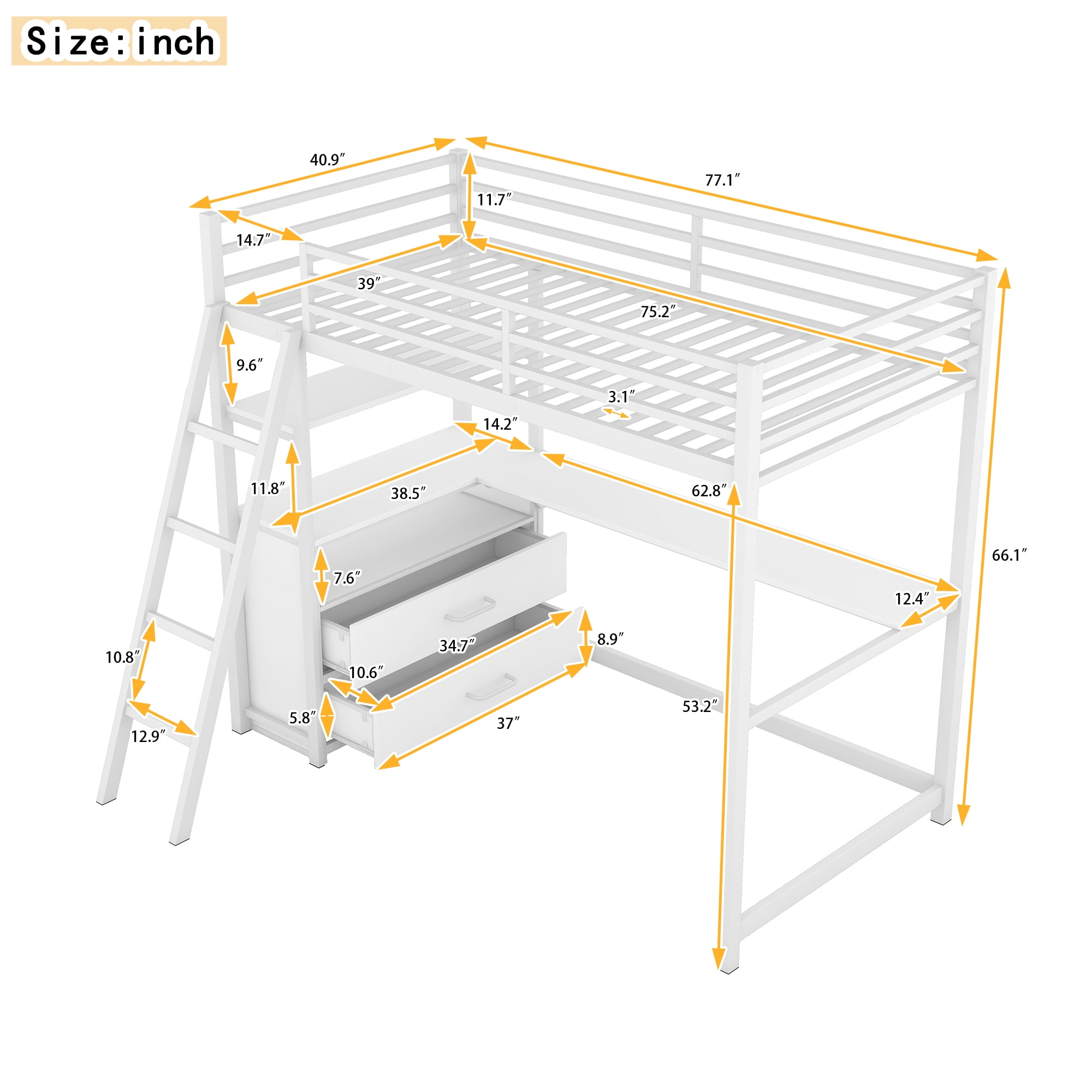 Yoneston Twin Size Loft Bed with Desk Shelve and Two Built-in Drawers, Heavy Duty Metal & Wood Loft Bed for Kids Toddles Bedroom, White