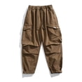 thumbnail image 4 of Mens Cotton Cargo Pants Baggy Vintage Drawstring Waist Multi Pocket Outdoor Hiking Trousers Brown 3XL, 4 of 6
