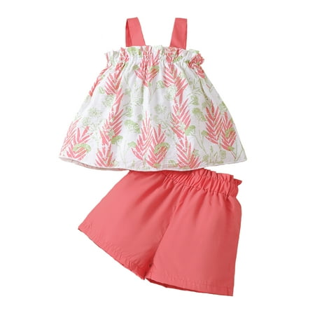 

Kucnuzki 6 Months Baby Girl Summer Outfits Shorts Sets 9 Months Sling Sweet Buttercup-Print Peplum Casmisole Elastic Shorts 2PCS Set Pink