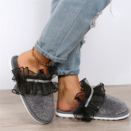 

YOTAMI Women s Sandals Fashion 2022 Autumn And Winter Lace-side Toe Cotton Slippers To Keep Warm Indoor Women s Cotton Shoes Gray
