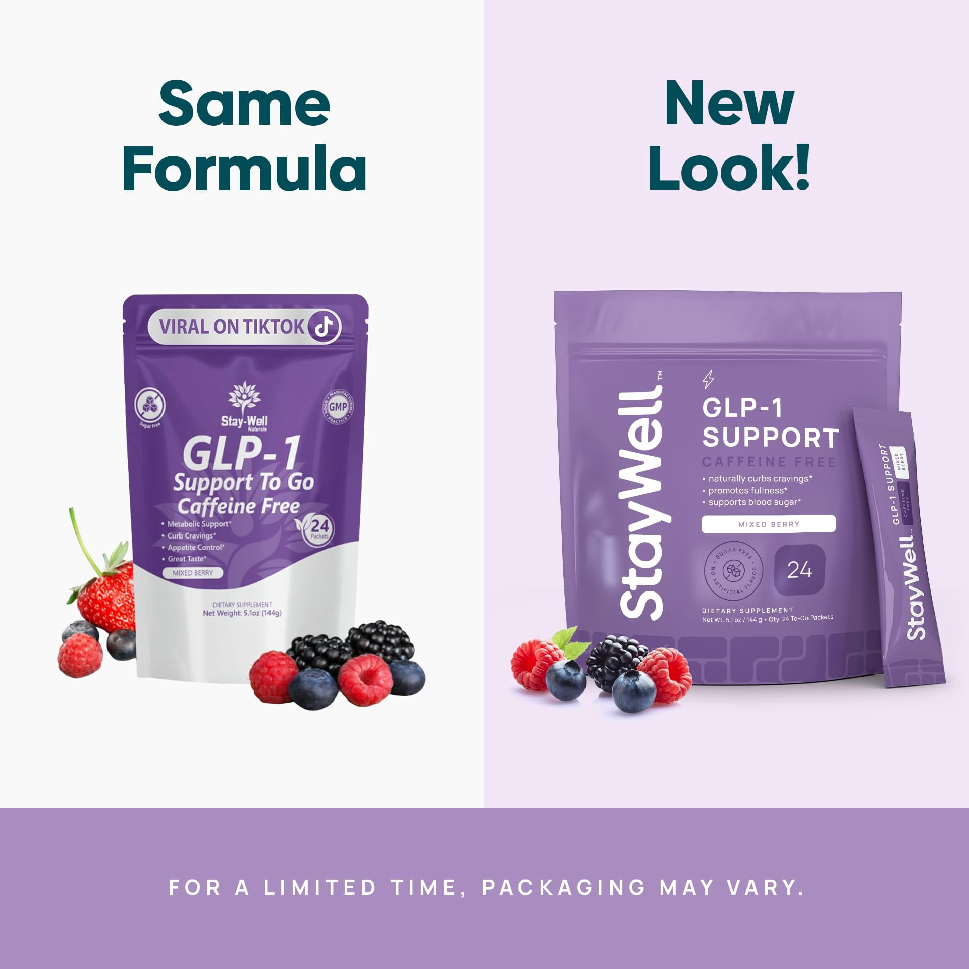 GLP-1 Supplement | GLP 1 Booster Drink Mix to Control Appetite and Cravings | Great Tasting Metabolic Support - Yerba Mate, Garcinia Cambogia, Berberine [Caffeine Free – Mixed Berry]