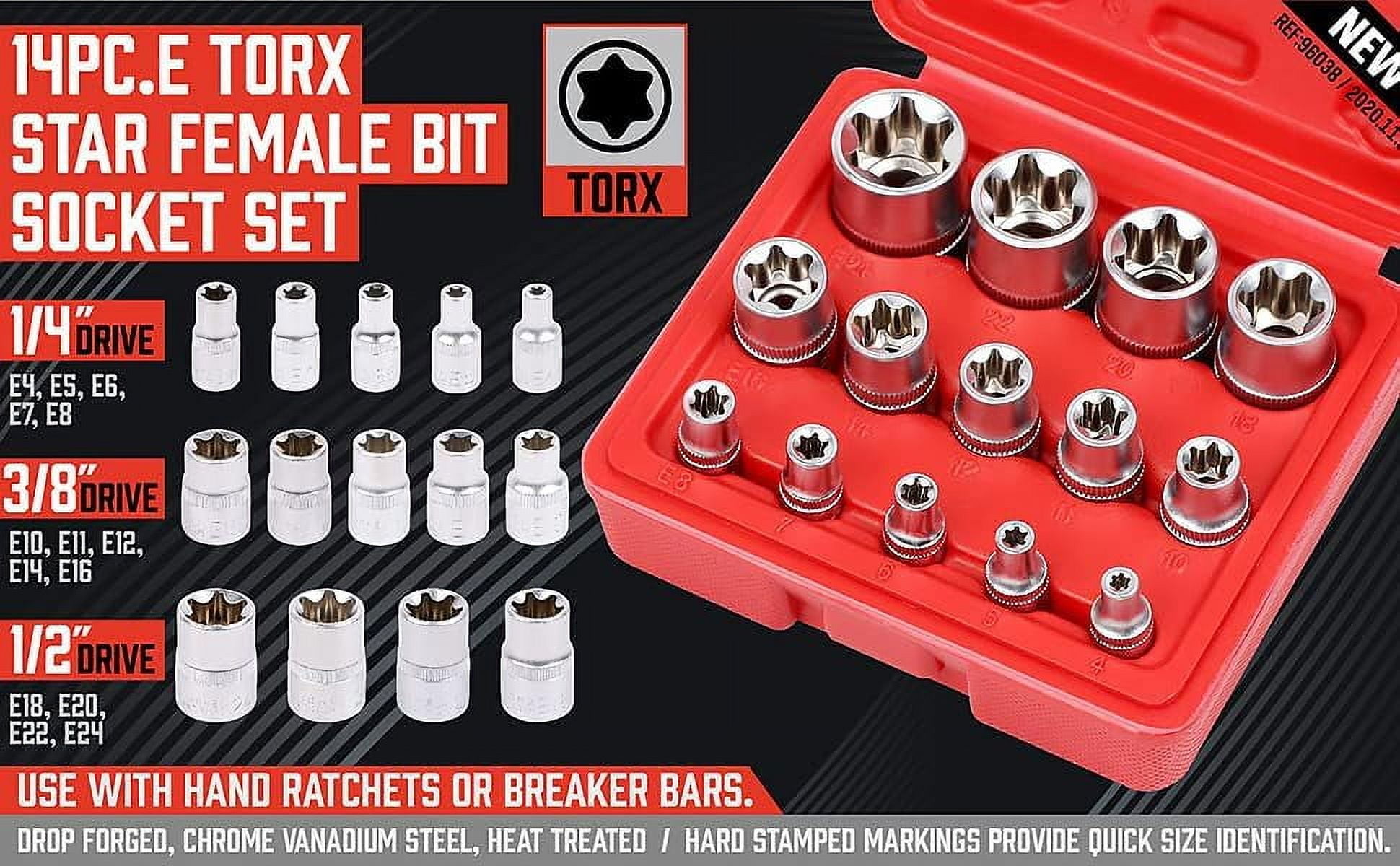 Ariseltys 14-Piece E-TORX Socket Set - Premium Female Torx Socket Set, Ultimate Star Socket Set, Torque Socket Set, External Torx Socket Set, E4 E5 E6 E7 E8 E10 E11 E12 E14 E16 E18 E20 E22 E24