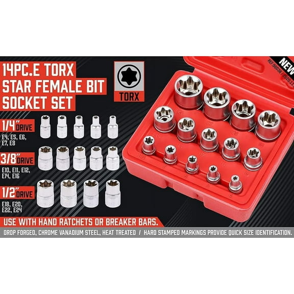 FJSHN-14-Piece E-TORX Socket Set - Premium Female Torx Socket Set, Ultimate Torque Star Sockets, External Torx Sockets, E4 E5 E6 E7 E8 E10 E11 E12 E14 E16 E18 E20 E22 E24
