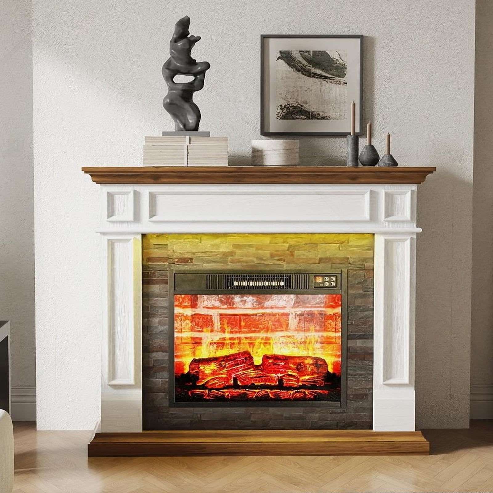 44" Fireplace Mantel with Led Lights & 23'' Electric Fireplace,Wooden Surround Firebox, Free Standing Fireplace, with Remote Control, Adjustable LED Flame,White & Brown