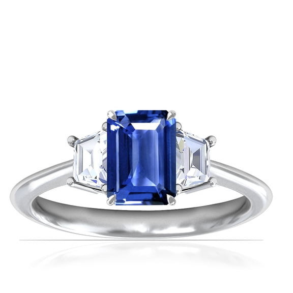 GemsNY September Birthstone - Three Stone Ring Emerald Cut Blue Sapphire with Prong Set Trapezoid Side Diamonds For Women (Grade - AAA | 1.20cttw)