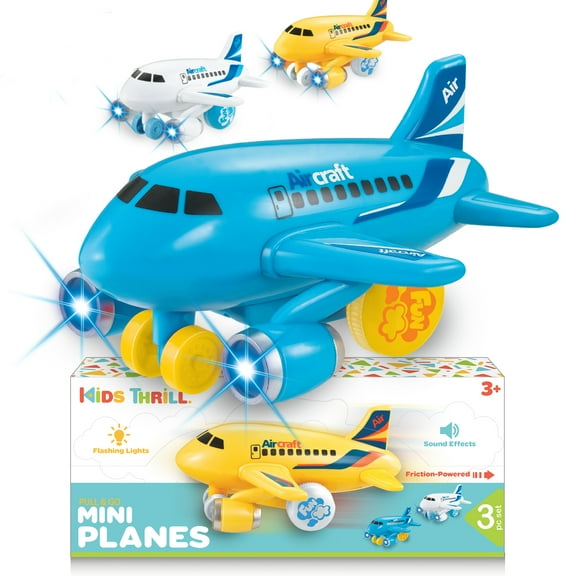 Kidsthrill Kids Airplane Toys for Boys, Friction Powered Toddler Airplane with Lights and Airplanes Sound, Set of 3 Colors Travel Set Push and Go Toy Planes - Toy Airplane for Toddlers 1-3 2-4