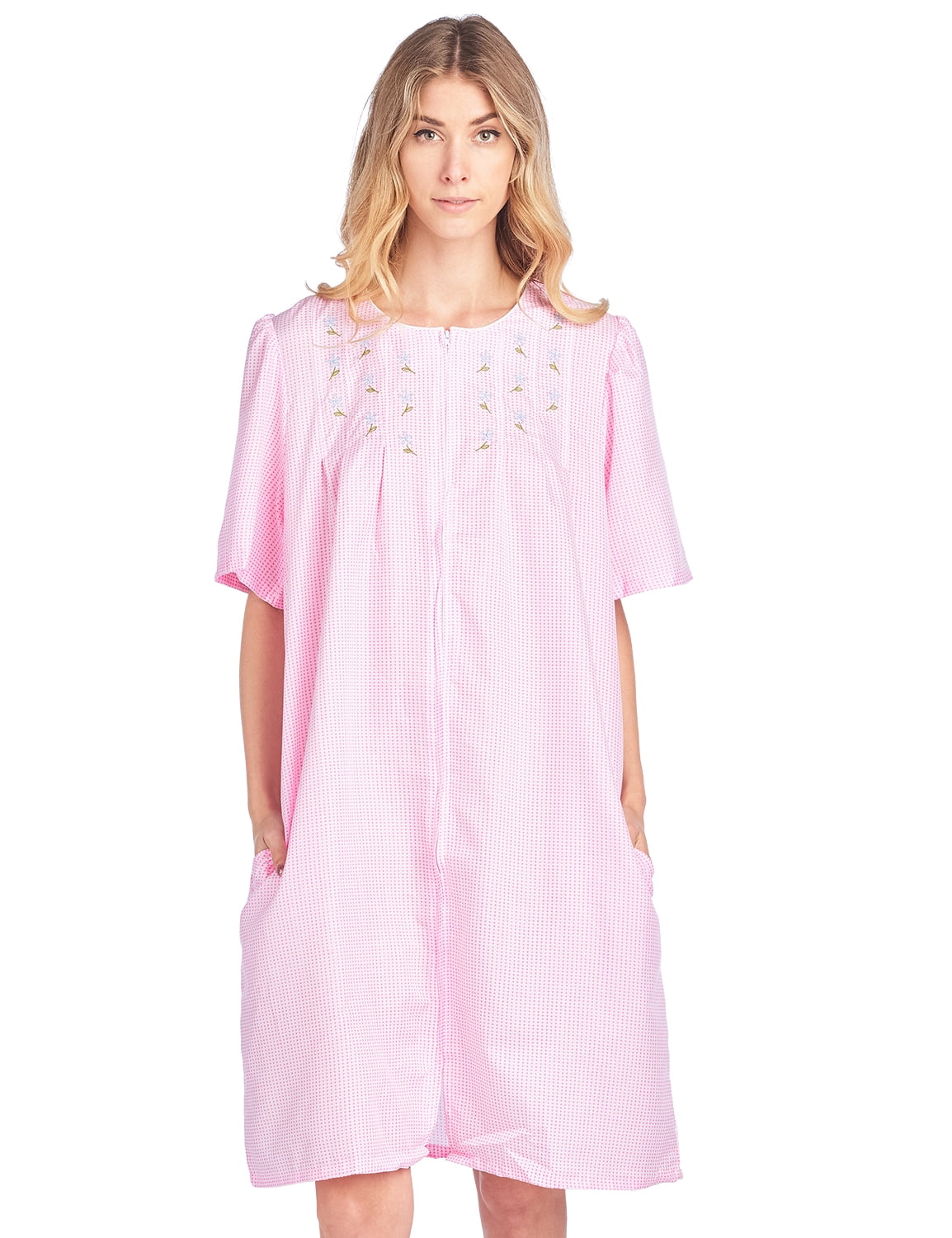 Casual Nights Women's Zipper Front Short Sleeve Gingham Housecoat Duster Pink 3XLarge