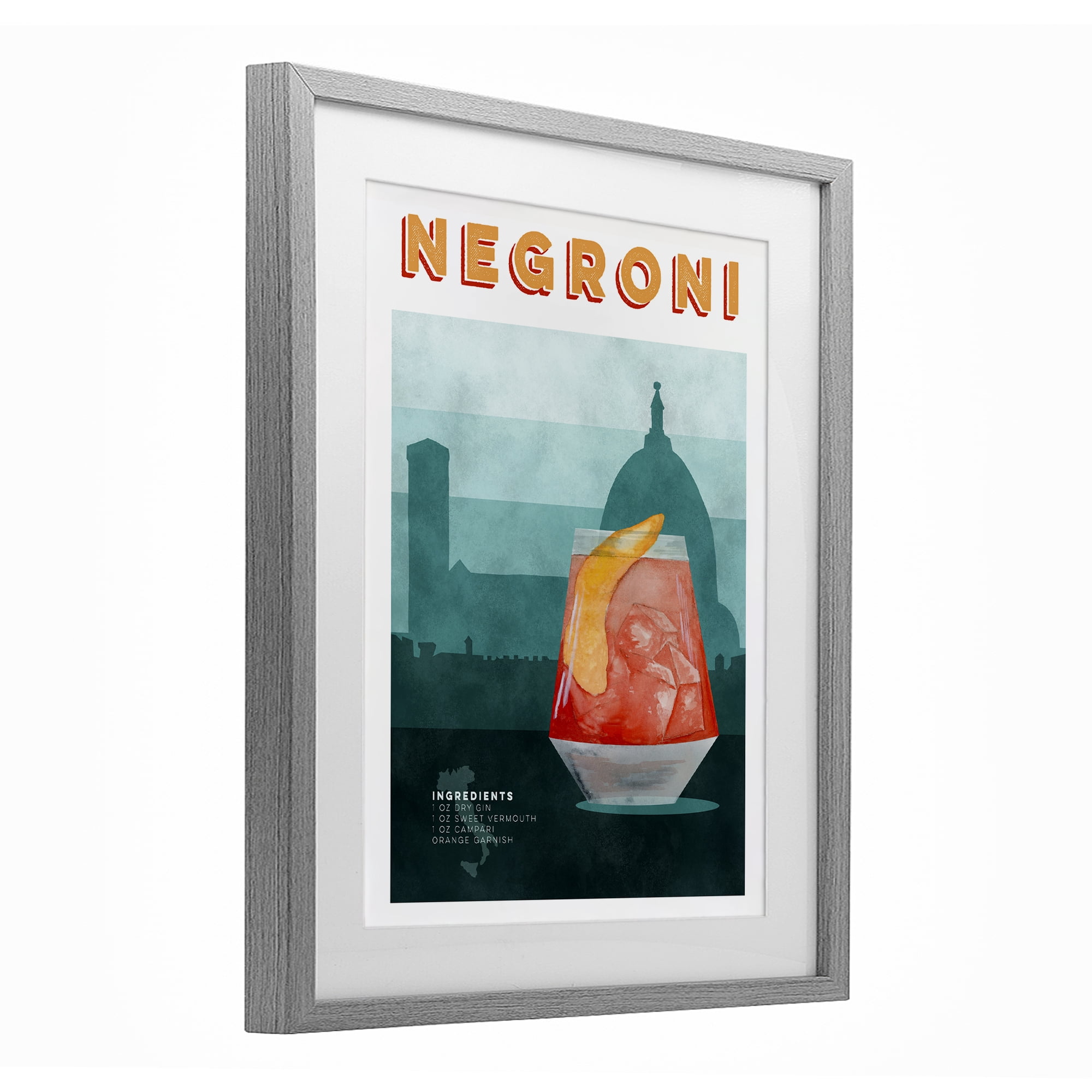 Retro Negroni & Architecture Gray Framed Print Under Glass, design by Brett Blumenthal