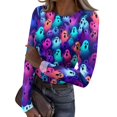thumbnail image 2 of IYYVV Halloween Shirts for Women 2026 Long Sleeve Crewneck Slim Fitted Basic Tees Funny Ghost Pumpkin Graphic Ribbed Shirt Purple S, 2 of 6