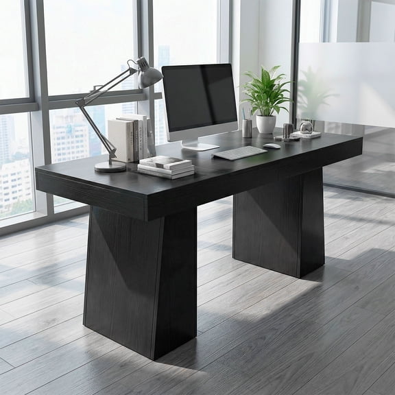 55" Mid-Century Modern Executive Desk, Double Trapezoid Base Computer Table for Home Office, Business Workstation, Writing Desk, Black Wood