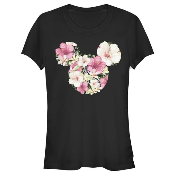 Junior's Mickey & Friends Pink Floral Mickey Mouse Logo  Graphic Tee Black X Large