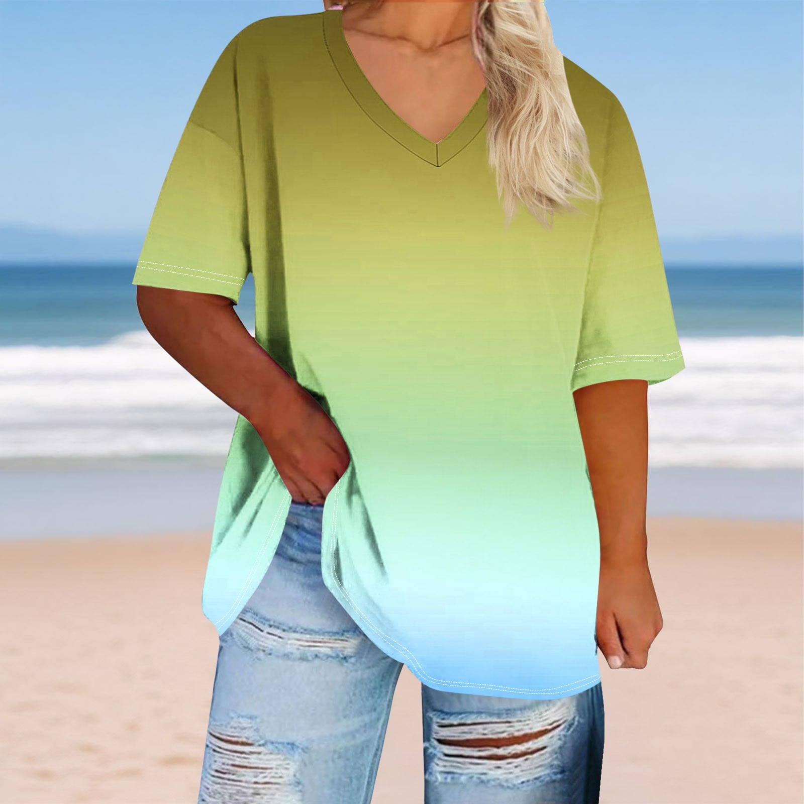 2 Pack XL-5X Plus Size Tees Tops for Women Short Sleeve V Neck Oversized T Shirts Womens Trendy Gradient Printed Pullover Loungewear Going-Out Blouses Top