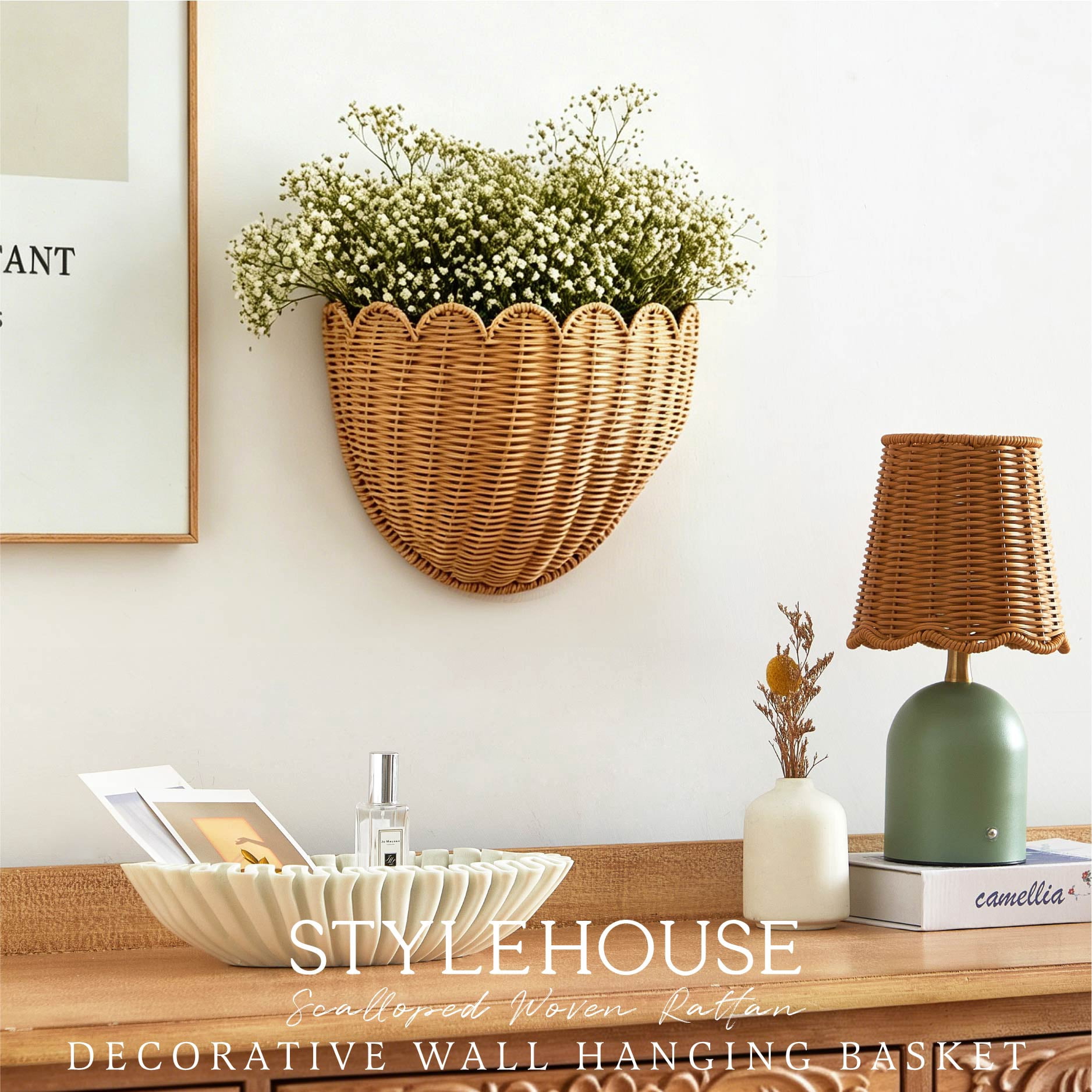 Stylehouse Scalloped Woven Rattan Decorative Wall Hanging Basket