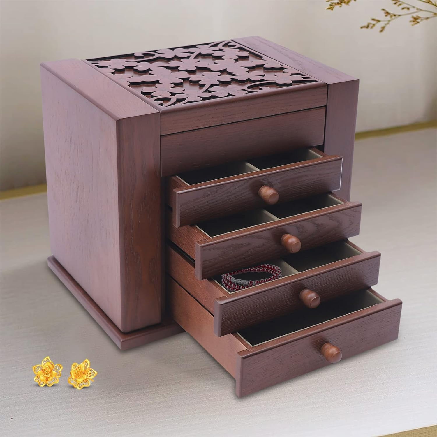 5 Layer Wooden Jewelry Box Jewelry Organizer Box with Mirror and Lock Jewelry Storage Box Case Valentine's Day Gift for Women Ring Necklace Watches