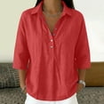 thumbnail image 2 of LEKODE Linen Tops for Women Gauze Tunic Summer Tees Gauze Shirts Vacation Dress Loose Clothes Casual Roll Up Sleeve Shirt Tunic Tops 3/4 Sleeve Casual Tunic Blouses Button Blouses V Neck Red M, 2 of 8