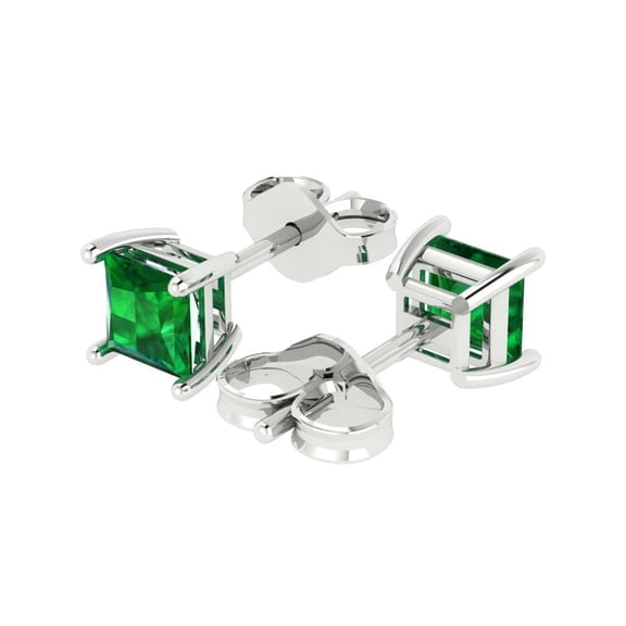 1.0 Ct Princess Cut Studs Green Emerald 18K White Solid Solid Gold Everyday Dainty Earrings Push Back
