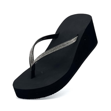 Women Platform Flip Flops Rhinestone Wedge Sandal Comfortable Dressy Summer Beach Sandals