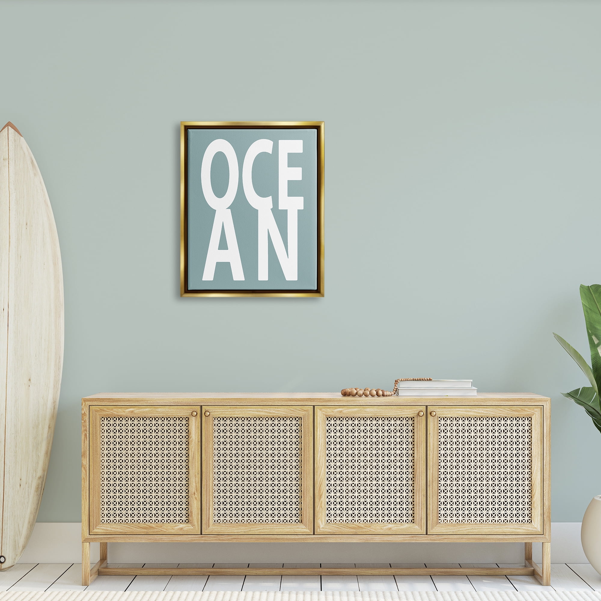 Stupell Ocean Beach Text Letters Phrase Landscape Painting Gold Floater Framed Art Print Wall Art