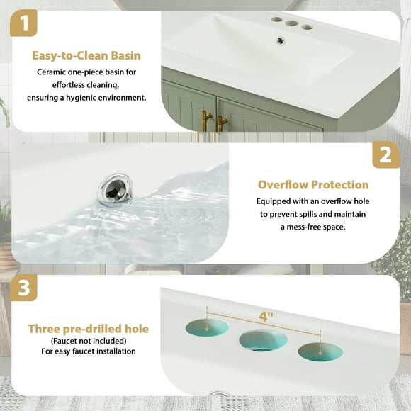 30" Green Bathroom Vanity with Ceramic Sink and Versatile Storage - Ideal for Small Bathrooms