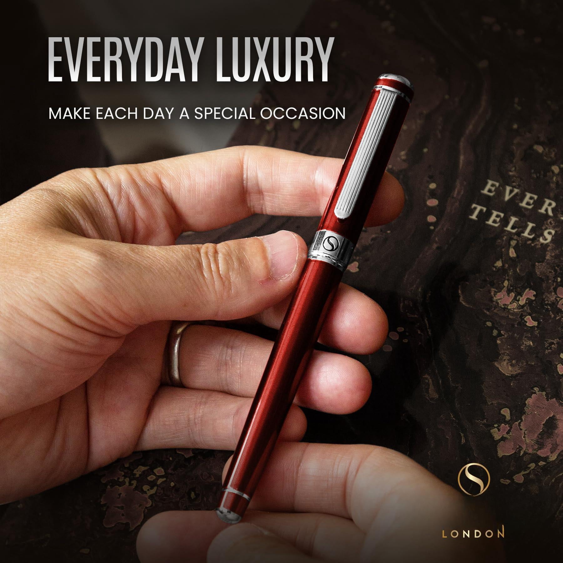 Deep Crimson Red Rollerball - Stunning Lacquer Luxury Pen With Chrome Finish  Schmidt Ink Refills Roller Ball Gift Set For Men & Women Professional Executive Office Nice Pens