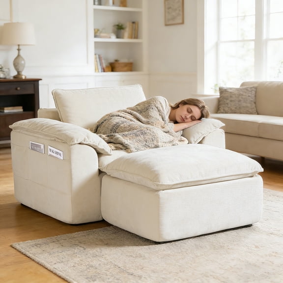 VNT Comfy Chaise Lounge Chair Indoor with Storage, Chenille Upholstered Chaise Lounger for Living Room, Bedroom, Office, No Assembly Required, Beige